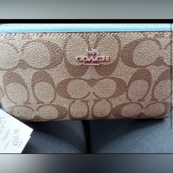 Coach Long Zip Around Wallet In Signature Canvas Sv/Khaki/Waterfall - Picture 6 of 8